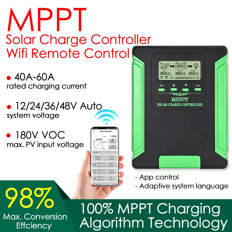 12/24/66/48V Automatické WiFi MPPT solárne regulátor 40/50/60A Solárny panel regulátor batérie LCD USB pre LifEPO4 olovo acidlitium