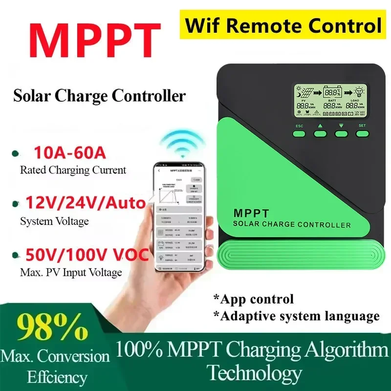 12/24 V MPPT solárny regulátor WiFi Solar Panel Regulátor LCD USB pre LiFEPO4 olovenú kyselinu lítiová batéria 10a - 60A
