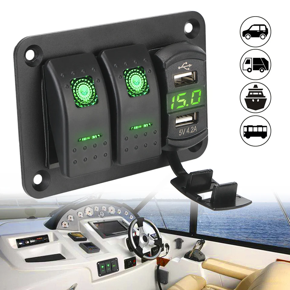 12/24 V Rocker Switch Panel Dual USB port pre auto Marine Ship Led Rocker Switch Panel Panel istič LED Voltmeter Vodotesný