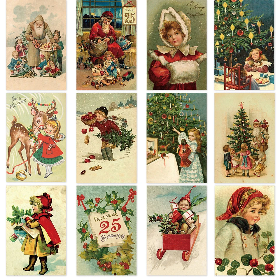 12/24ks retro vianočné pohľadnice Santa Claus Vintage Vianočné pohľadnice Plant vianočný pozdrav darček pre priateľa Navidad
