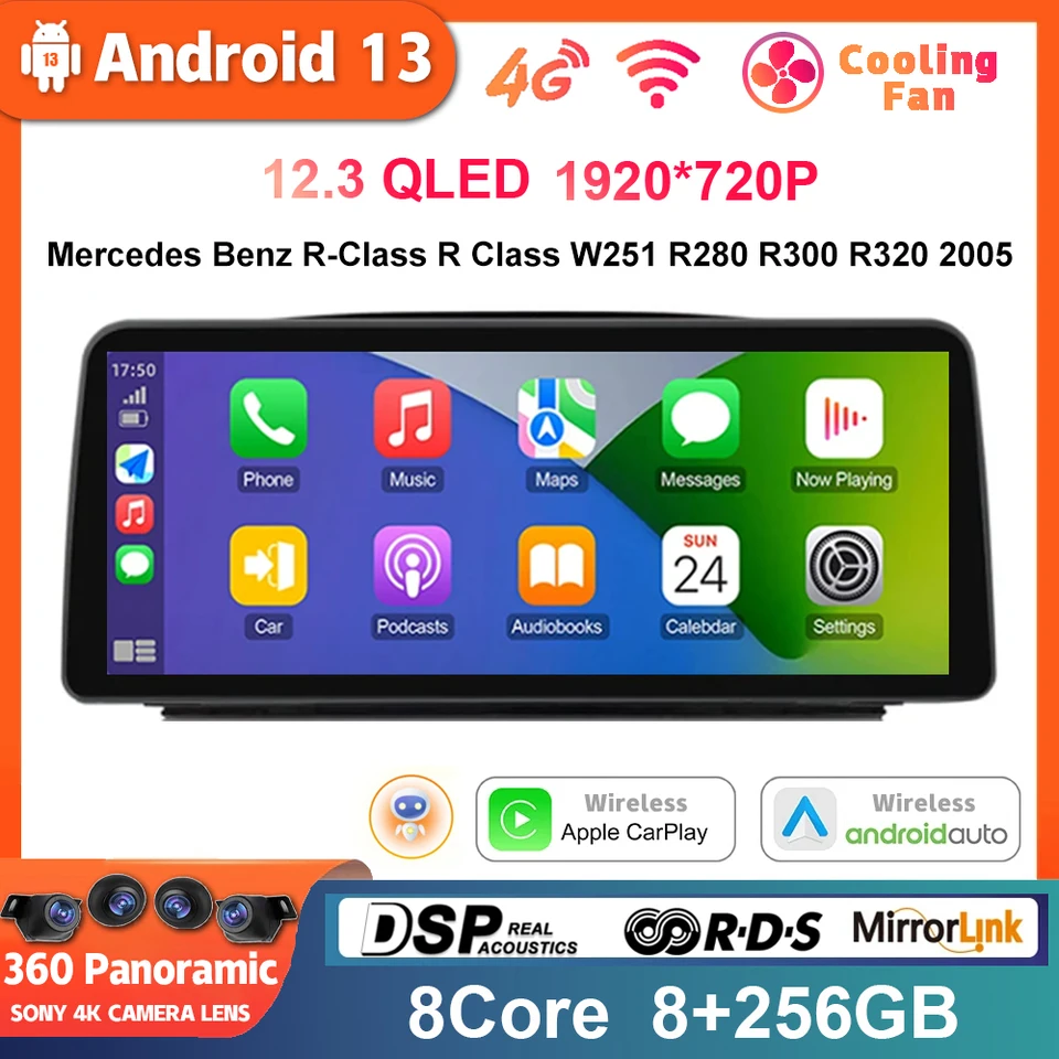 12.3 1920*720 QLED For Mercedes Benz R Class W251 R300 R350 R63 2007-2011 Android 13 Stereo Multimedia Video Player CarPlay