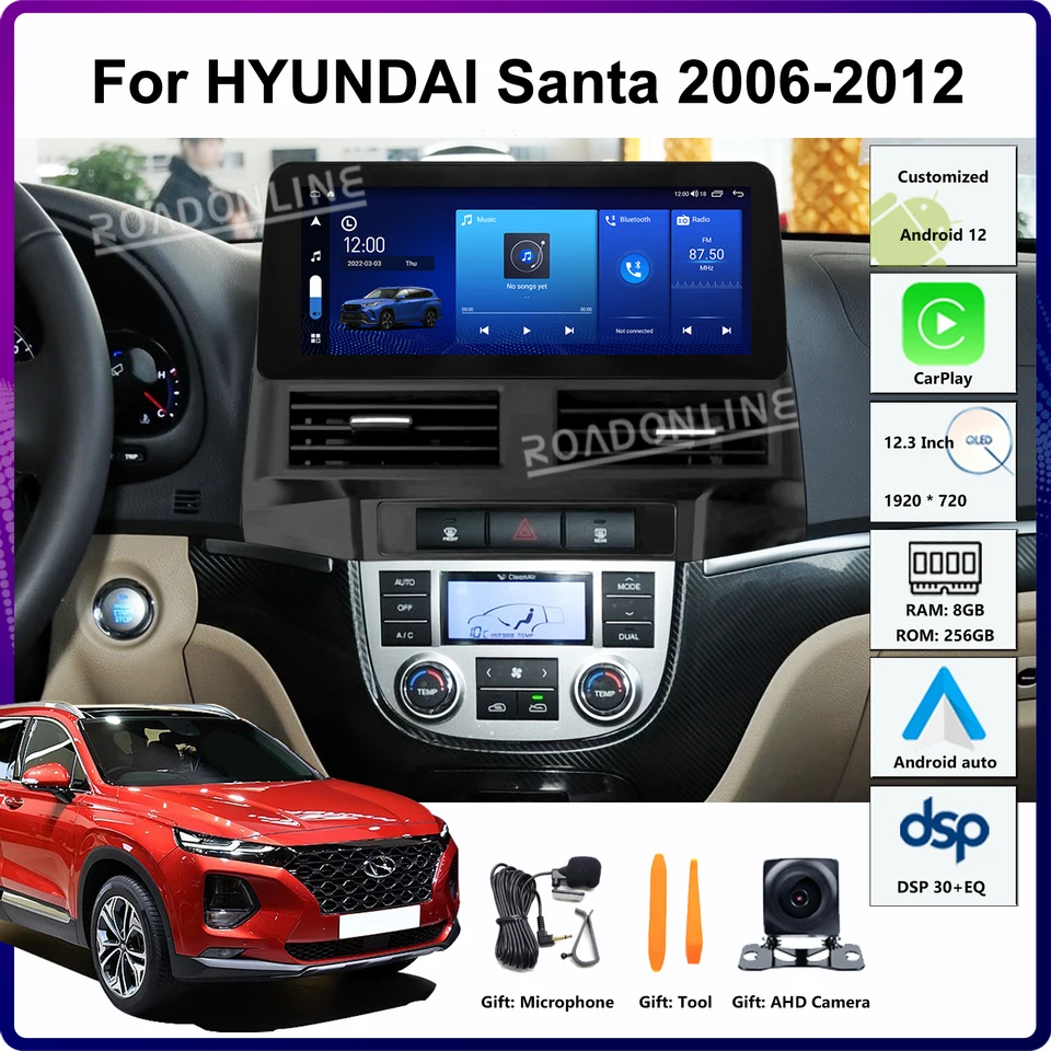 12,3 palca Android 12 pre Hyundai Santa 2006-2012 1920*720 8-Core 8+256G CAR GPS Multimedia hráč stereofónny prijímač Radio CarPlay Radio CarPlay