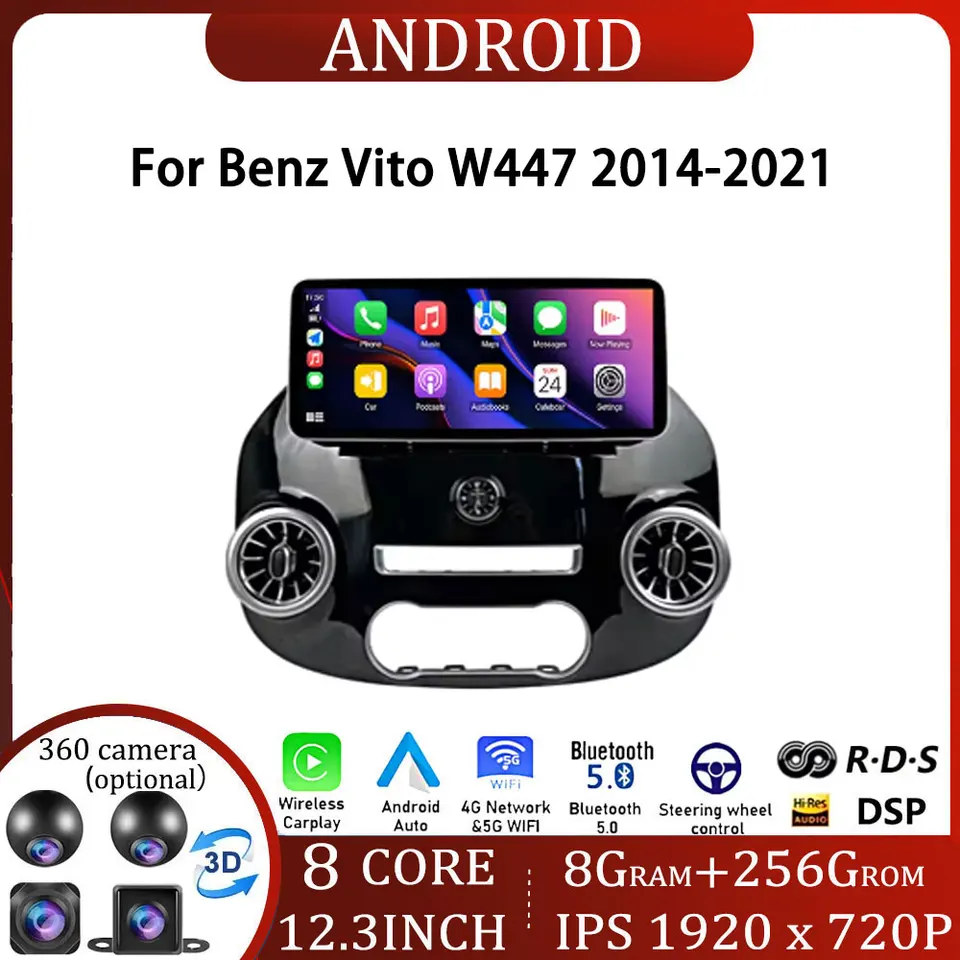12,3 palca Android OS Car Radio pre Benz Vito W447 2014-2021 Stereofónny prijímač GPS navigácia DSP Video CarPlay Player No 2Din DVD
