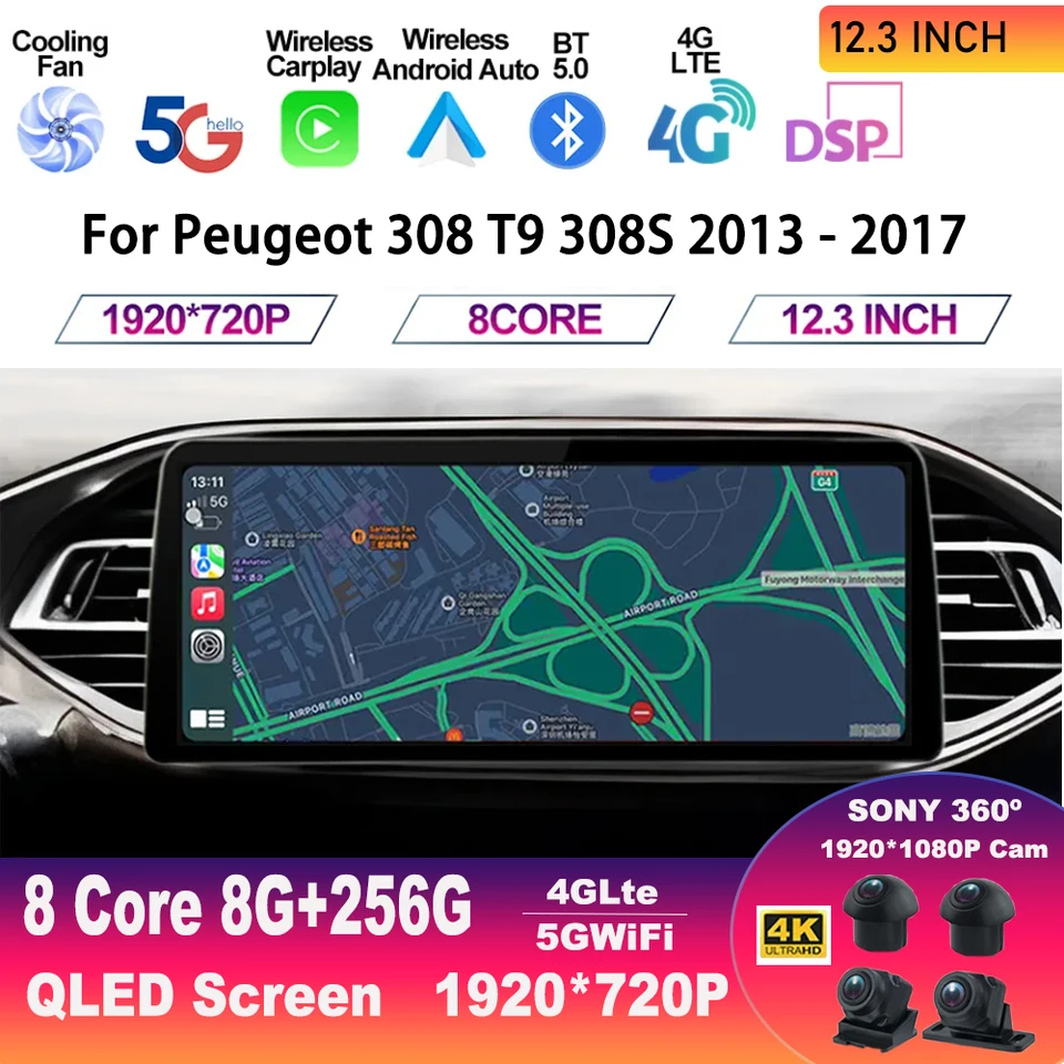 12,3 palcová obrazovka Android 13 pre Peugeot 308 T9 308s 2013 - 2017 Multimedia video prehrávač Car Radio GPS Navigation CarPlay 5G WiFi