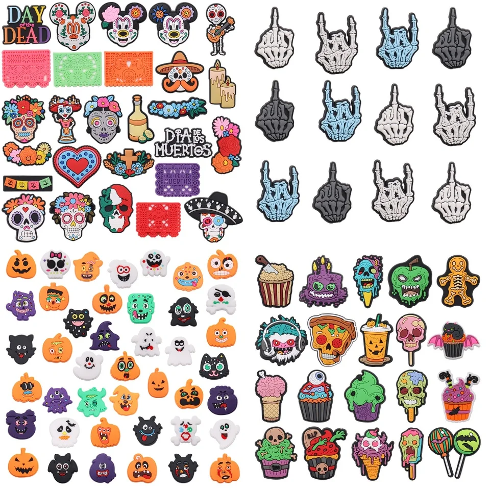 12-42ks deň mŕtvy tekvica lebka ruka pizza popcorn torta PVC Shoe Charms Batoh Sandals Appresory Doplnky Halloween Darček