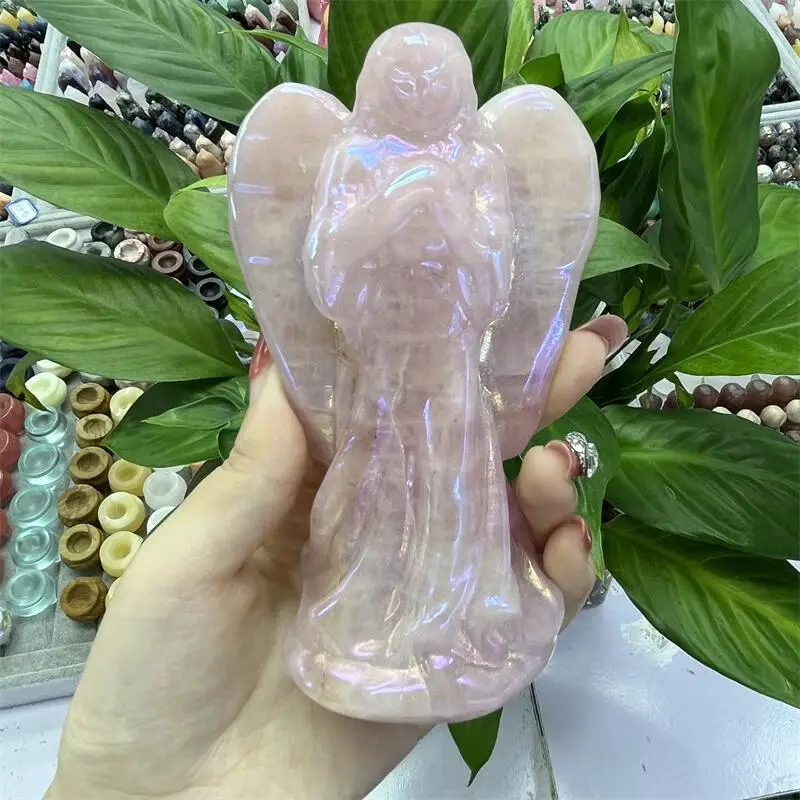12,5 mm Prírodné aura ružové kremeň Angel Carving Crystal Reiki Liečba figuríny Droby Craft