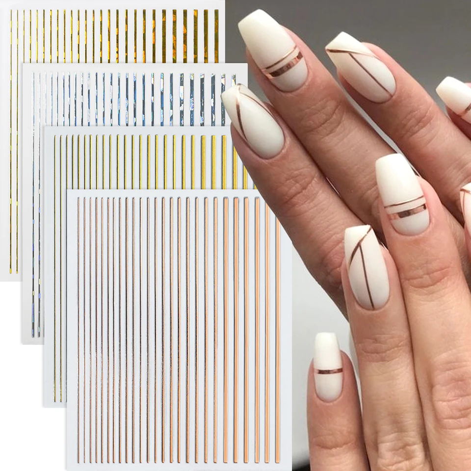 12 farieb/Set Metal Strip na nechty 3D nálepky 10*8cm Zlato/strieborné/farebné čiary Stripe Naty Slider Self Adhesive nechty