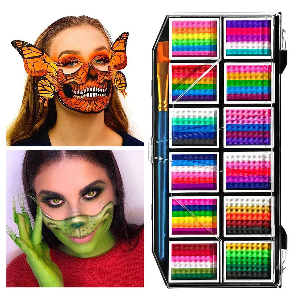 12 farieb vo vode rozpustná dúhová paleta detská tvár na tvár, halloweenská pódiová make-upová maľba pigmenty tvárou v tvár