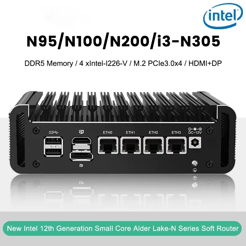 12. gen Intel Firewall Mini PC Alder Lake I3 N305 8 Core N200 N100 DDR5 4800MHz 4XI226-V 2,5G FANESS Soft Router Proxmox Host