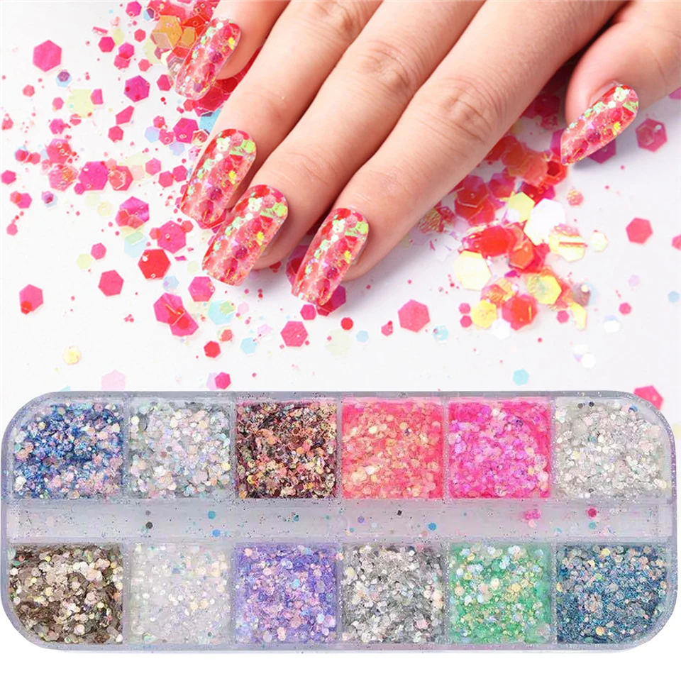 12 GRID HEXA LAST THESKÉ FLESE Prášky Sparkly Flitre Holografické zmiešané šesťuholníky Chunky nechty DIY Sparkly Paillette Tips LL12