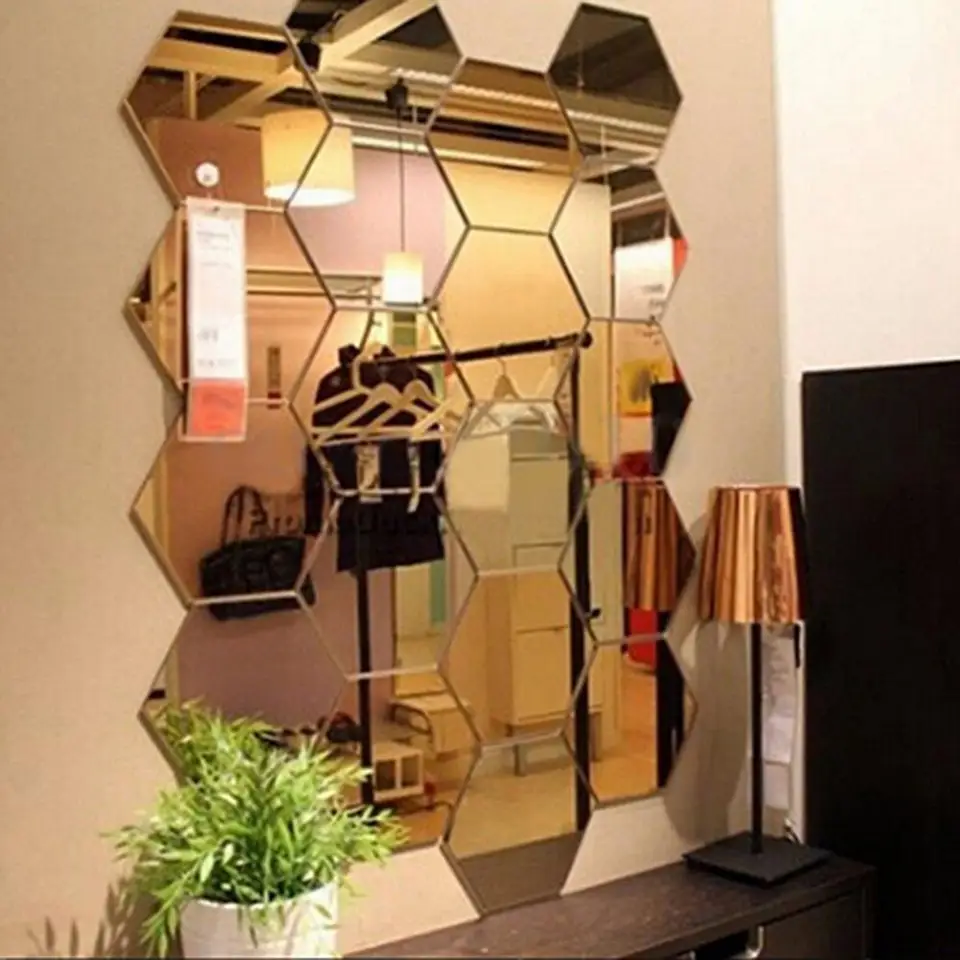 12 ks Hexagonálne samolepiace zrkadlové efekty Nálepka na stenu Rôzne veľkosti 3D akrylové domáce zvieratá Geometrická obývacia izba Decal Decal Decal