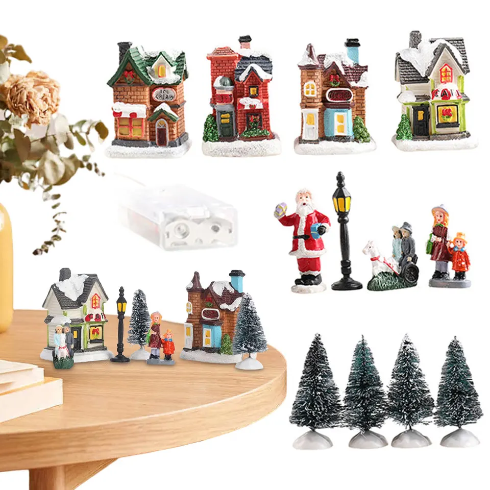 12 ks Mini Resin vianočné dediny figuríny dekorácie Sada osvetlených LED LED LED vianočné mestské scéne Desktop Ozdoby