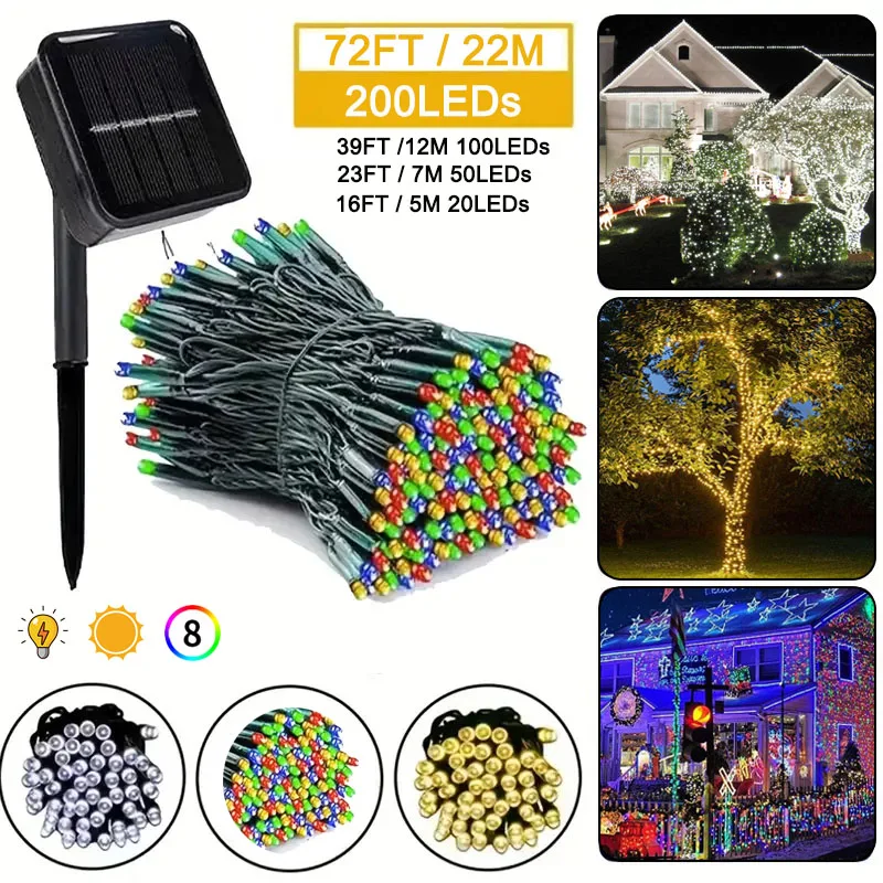 12 m 8 režimy Solárna šnúra LED Rozprávky Garland Festoon vonkajšie slnečné žiarenie vodotesné lampy vianočné záhradné večierky Decor