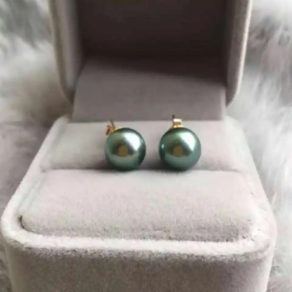 12 mm prírodná čierna zelená Tahitian Round Pearl 14k Gold náušnice Deň vďakyvzdania akvakultúra svadobný darček Halloween