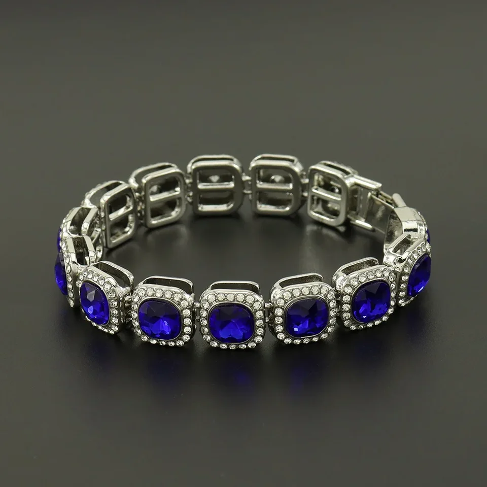 12 mm strieborná farebná zmrzlina out out Cluster Blue Crystal Cz Jumbo Square šumivý tenisový reťazec náramok na náramok hip hop hop šperky darček