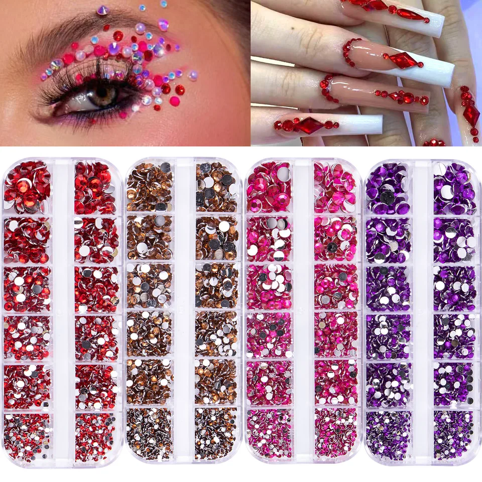 12 mriežky nechtov na nechty Art Crystal Shinestone zmiešaná veľkosť ružová/červená/číra flatback Diamond Strass DIY nechty na nechty kamene manikúrové dekorácia
