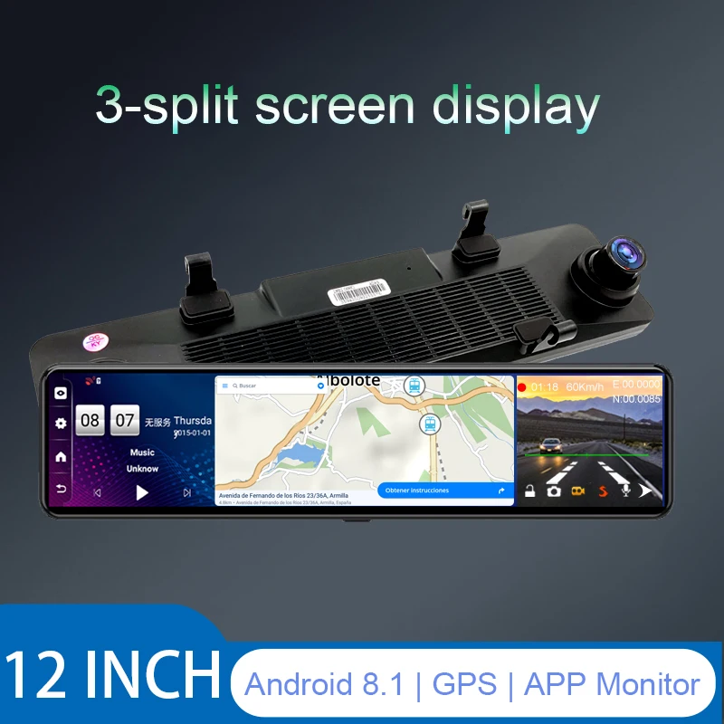 12 -palcový automobil čierny box Android 8.1 Dash Cam Adas CAR DVR DVR GPS navigácia Vide Video rekordér Diaľkové monitorovanie spätného zrkadla