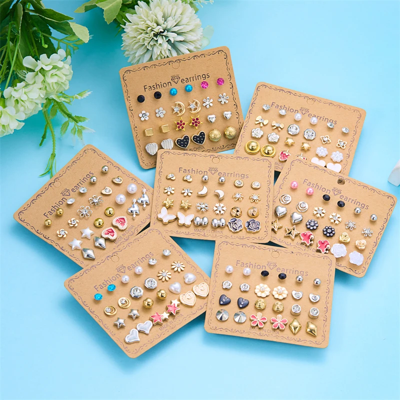 12 párov Kombinované náušnice pre ženy pre ženy Girl Moon Star Flower Pearl zirkon srdce Mini náušnice Party osobnosť šperky