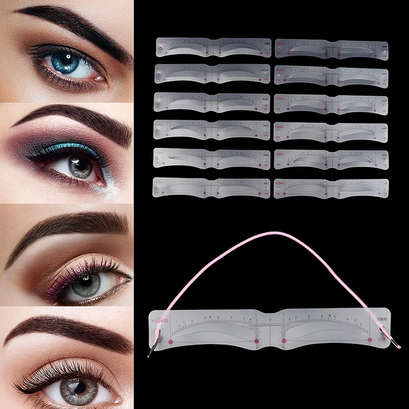 12 Style Fixovateľné obočie Stencil Grooming Shaper Šablóna opakovane použiteľné nálepky Make -up Tools pre očné známky pera Pen Peruzka Kozmetika