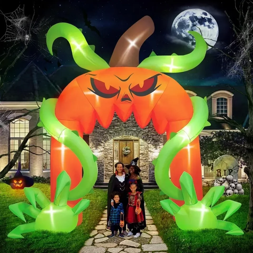 12 stôp Halloween Archway nafukovacie stránky, obrovský tekvicový oblúk nafukovateľný s LED svetlom strašidelného vonkajšieho vyfukovania výzdoby pre záhradu na trávniku