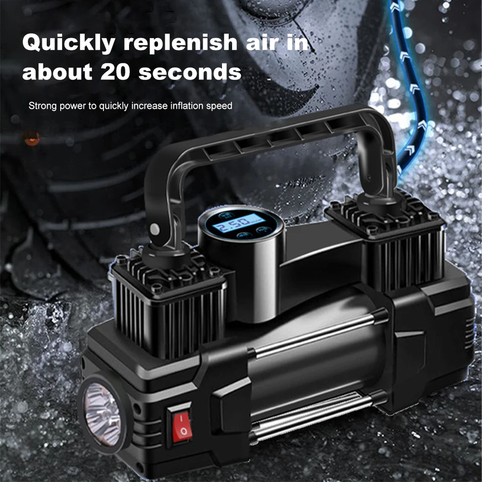 12 V 150 psi Automatické nafukovacie čerpadlo s tlakomerovým rozchodom s vysokým obsahom Deluxe Prenosný kovový vzduchový kompresor Dvojitý valec s LED svetlom