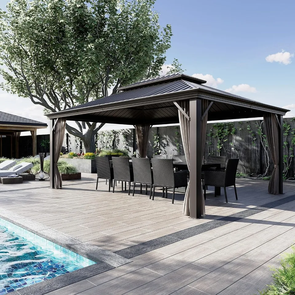12 'x 12' altánok, vonkajšia tvrdá oceľová strecha s dvojitým vrcholom permanentného altánky Canopy Curtains Hliník, altánok