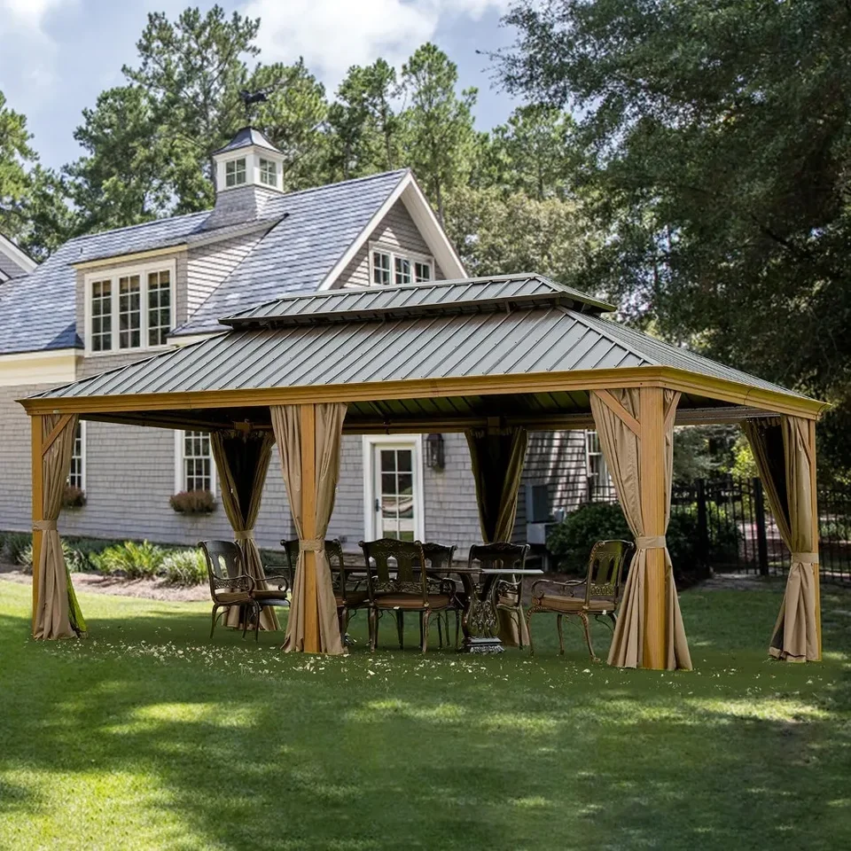 12 'x 20' Hardtop altánok vonkajšie hliníkové drevené zrno altánky s pozinkovanou oceľou Double Canopy pre terasy Deck Dargeard