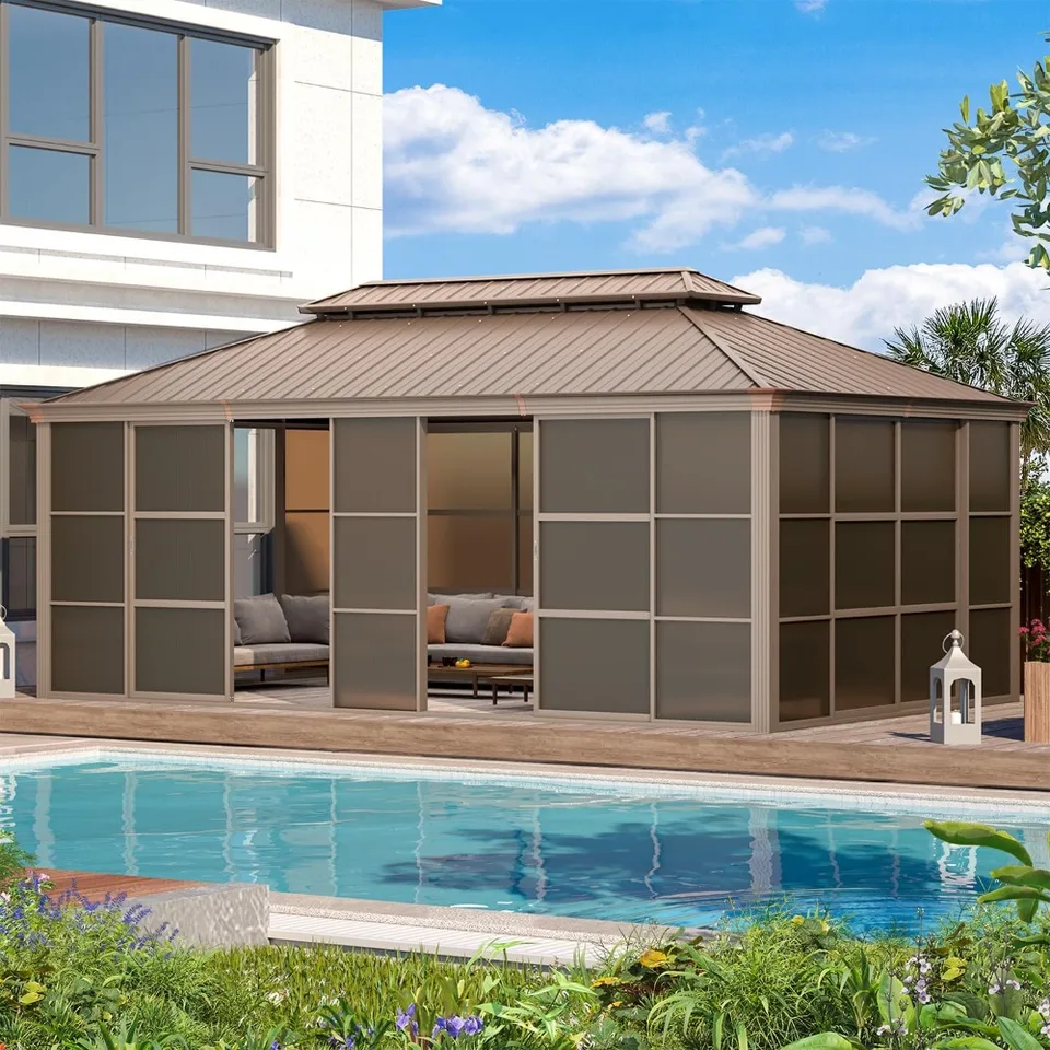 12 'x 20' pavilón Four Seasons, vybavený pozinkovanou oceľovou strechou, hliníkovým rámom, vonkajšou slnečnou miestnosť s posuvnými dverami