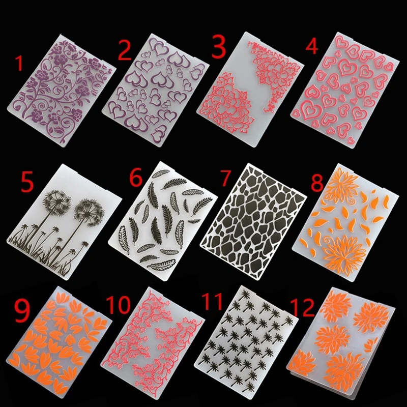 12 štýlov 3D Elexing Priečinok priehľadné reliéfové plastové plasty Návrh pre DIY papierové rezanie zomiera scrapbooking 10.5x14,5 cm