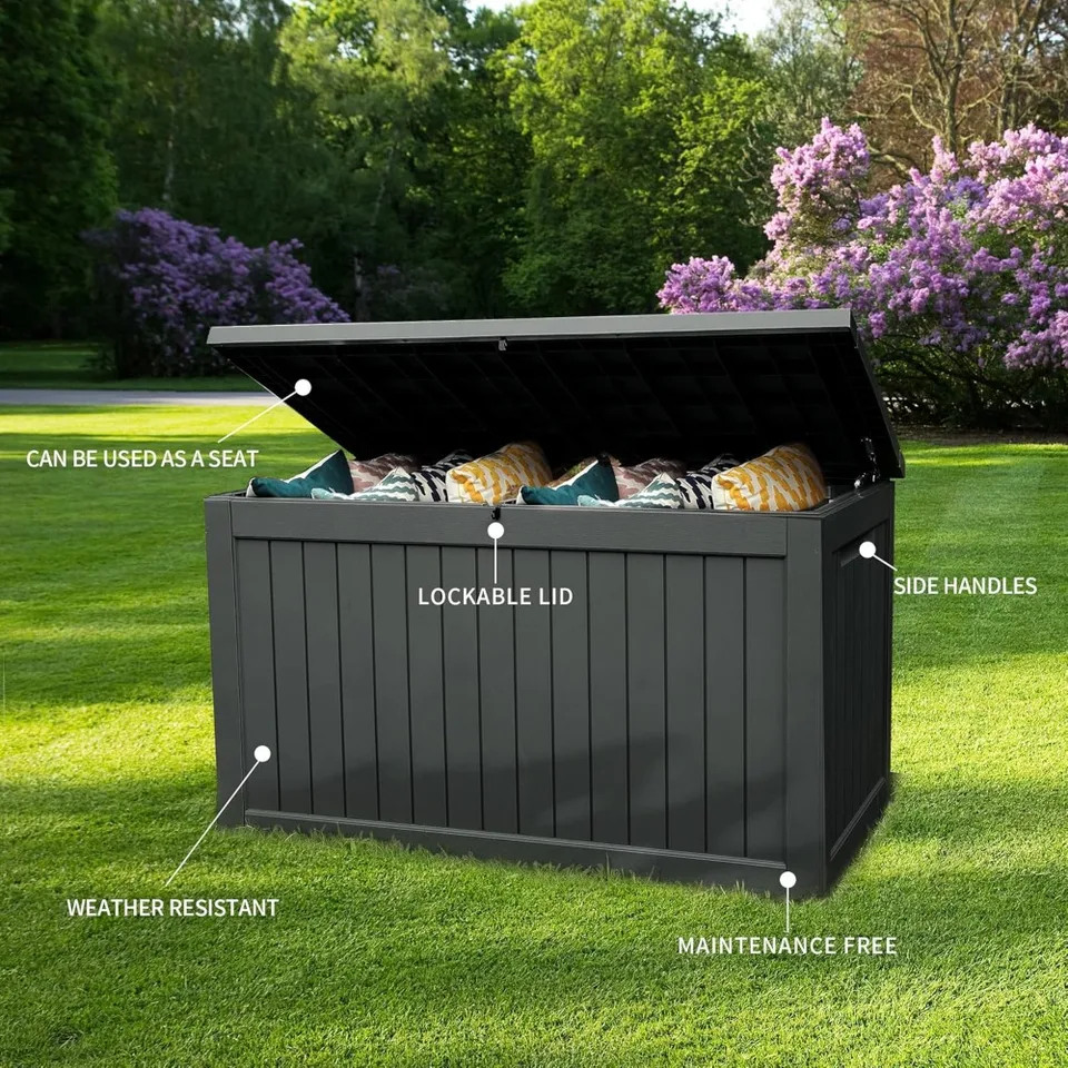 120 galónov Outdoor Storage Deck Box, veľké úložisko terasy pre živice pre vonkajšie vankúše, záhradné náradie, vodotesné, uzamykateľné