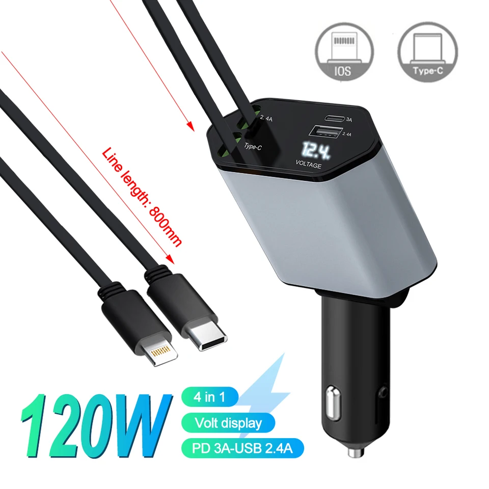 120 W PD+USB Typ C CARTAD Rýchla nabíjačka s 2 stiahnuteľnými káblami nabíjačkou automobilu Voltmeter 4 v 1 napájací adaptér pre iPhad iPad