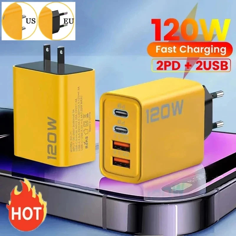 120 W rýchla nabíjačka typu C Rýchly poplatok 3.0 USB Charger Adapter pre Samsung iPhone Xiaomi 2pd 4 porty rýchle nabíjanie EÚ/US Plug