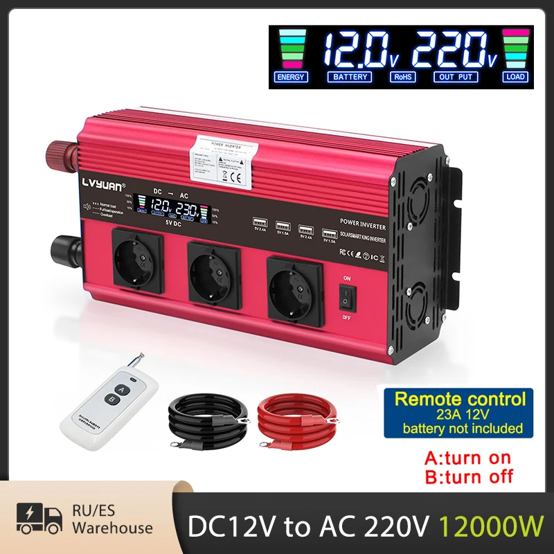 12000W Inverter 12V 220V Inverter automobilov 3 Socket Eu LCD Veľký invertor Sledovača Sledovacia invertorová invertorka AC 220V Prevodník meniča meniča prevodníka