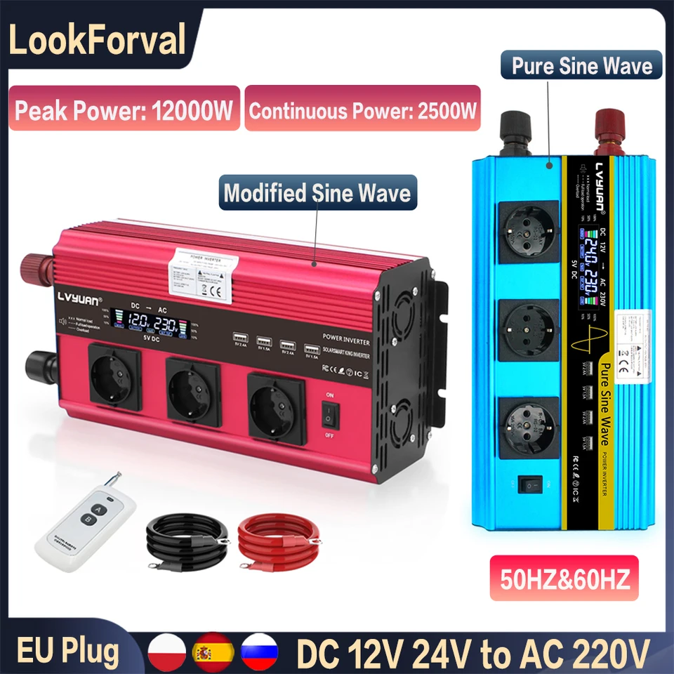 12000W Inverter Power DC 12V 24V až 220V LCD 50Hz 60Hz prevodník automobilu Solar Power Transformátor diaľkové ovládanie EU Socket Inverter