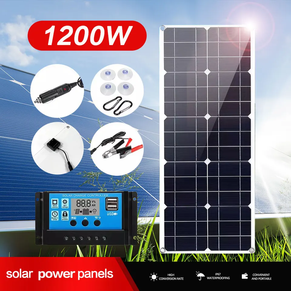 1200W Flexibilná solárna súprava solárnych panelov 18V monokryštalické solárne články Power nabíjačka pre vonkajšie kempingové jachtárske automobilové auto RV čln RV