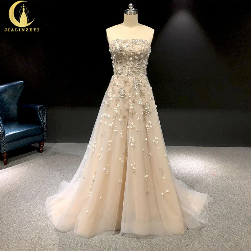 1207 Skutočné obrázky bez ramienok Chamapgen a sivé korálky Flitre A-Line Formal Dress Prom šaty arabské večerné šaty dlhé