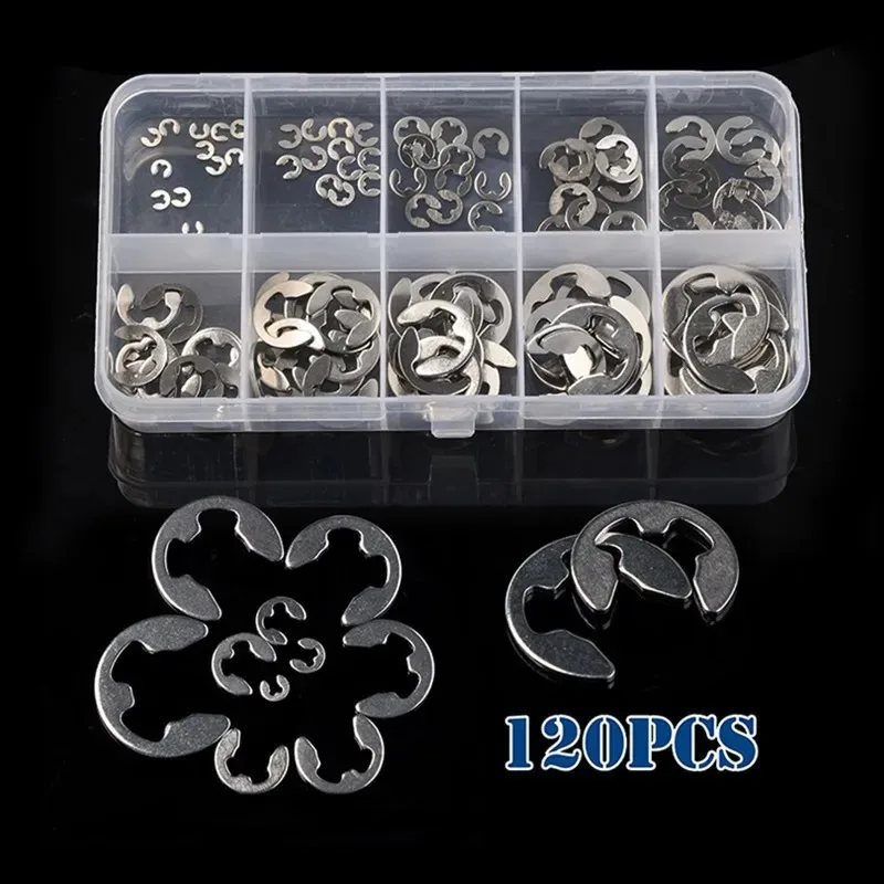 120ks 1,5/2/3/4/5/6/7/8/19/10 mm z nehrdzavejúcej ocele E-Clips Ring Snap Snap otáčanie súpravy E Type Klipové umývačky sortiment sortimentu