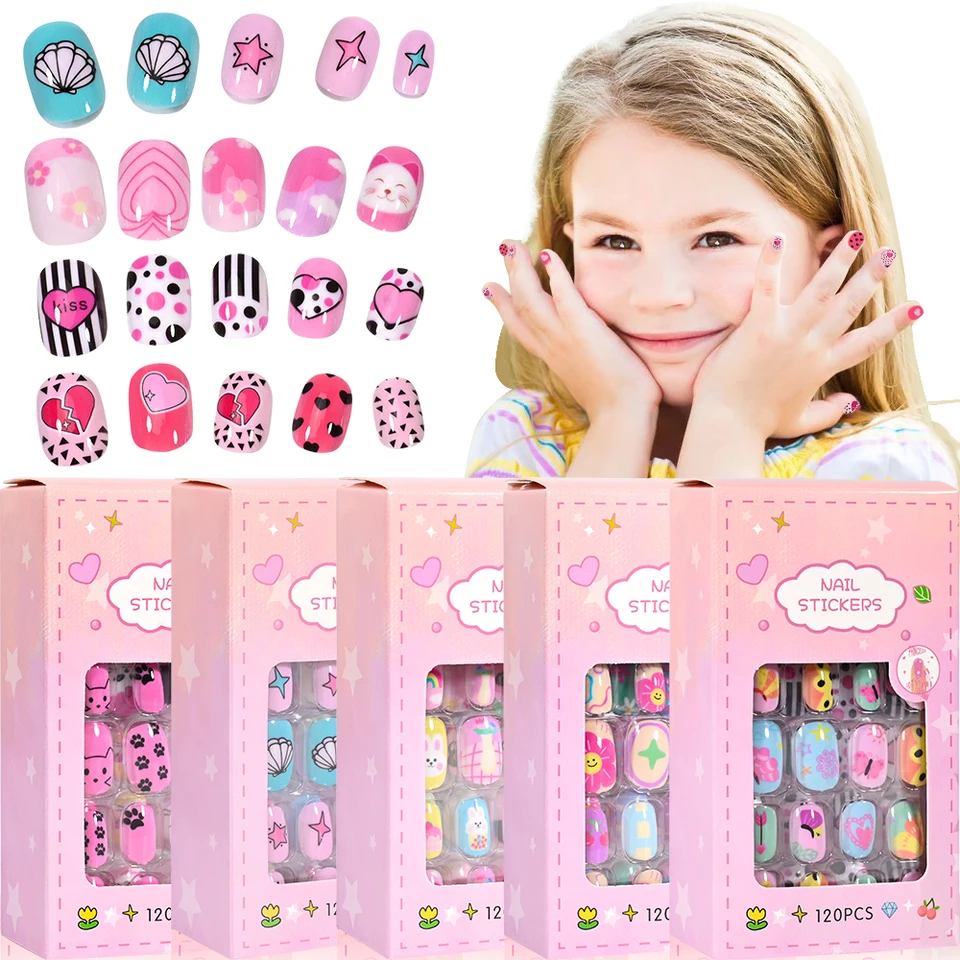 120ks deti Karikačné tipy na nechty farebné kawaii dievča falošné nechty set s želé lepidla lepidla vianočné dieťa False nechty #*a