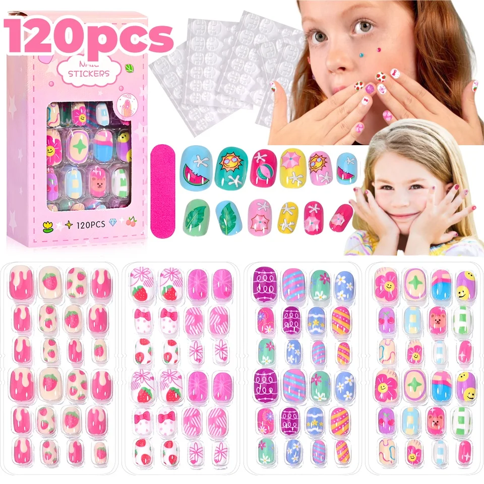 120ks Detská tlač na nechty Karika Akrylové falošné nechty Tipy Kawaii Girl Full Cover Krátke falošné nechty s želé lepidlom#@