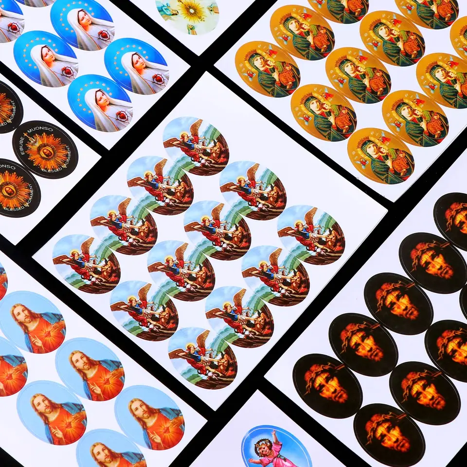 120ks malé oválne katolícke náboženské nálepky Panna Mary Portrait Sticker pre dekoráciu katolíckej cirkvi 12*19 mm