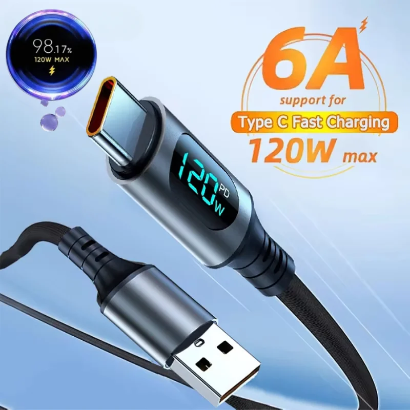 120W 6a dátový kábel USB A to Typ C Super rýchle nabíjacie kábel s digitálnym displejom LED pre iPhone16 Xiaomi Samsung Cable 1m/2m