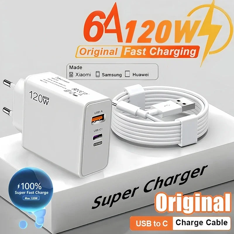 120W 6A Fast Charger USB C PD Rýchle nabíjanie USB nabíjačka typu C PD Cable Mobile Phone Adaptér pre iPhone Samsung Xiaomi Huawei