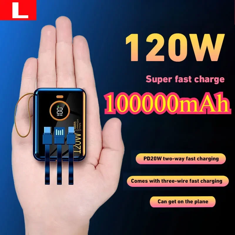 120W Power Bank 100000 mAh rýchle nabíjanie Prenosná záloha veľká kapacita Power Bank s káblom USB-C-C Lightning kábla