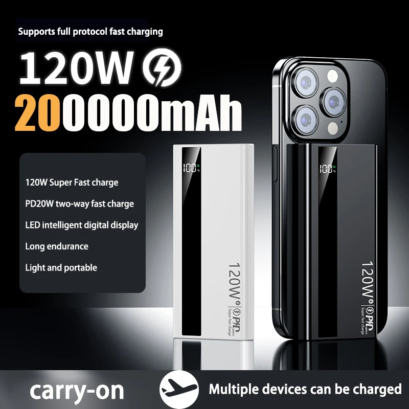 120W Super rýchle poplatky Power Bank 200000mah Ultralarge Capacity Prenosná energia s digitálnym displejom LED pre spoločnosť Samsung Xiaomi