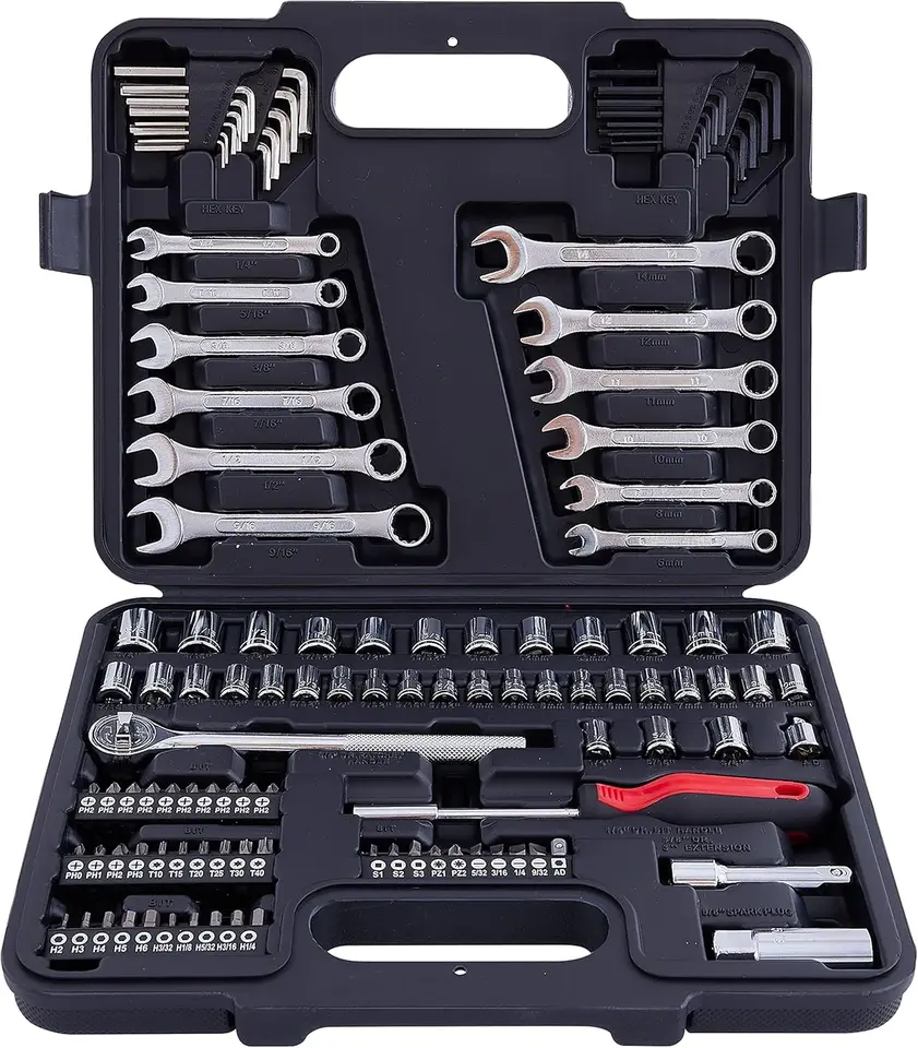 121 kusových mechanizmov MechMax Mechanic Tool Secket Set 3/8 a 1/4 palca SAE a veľkosť metriky, s obalom na skladovanie nástrojov pre dom, auto