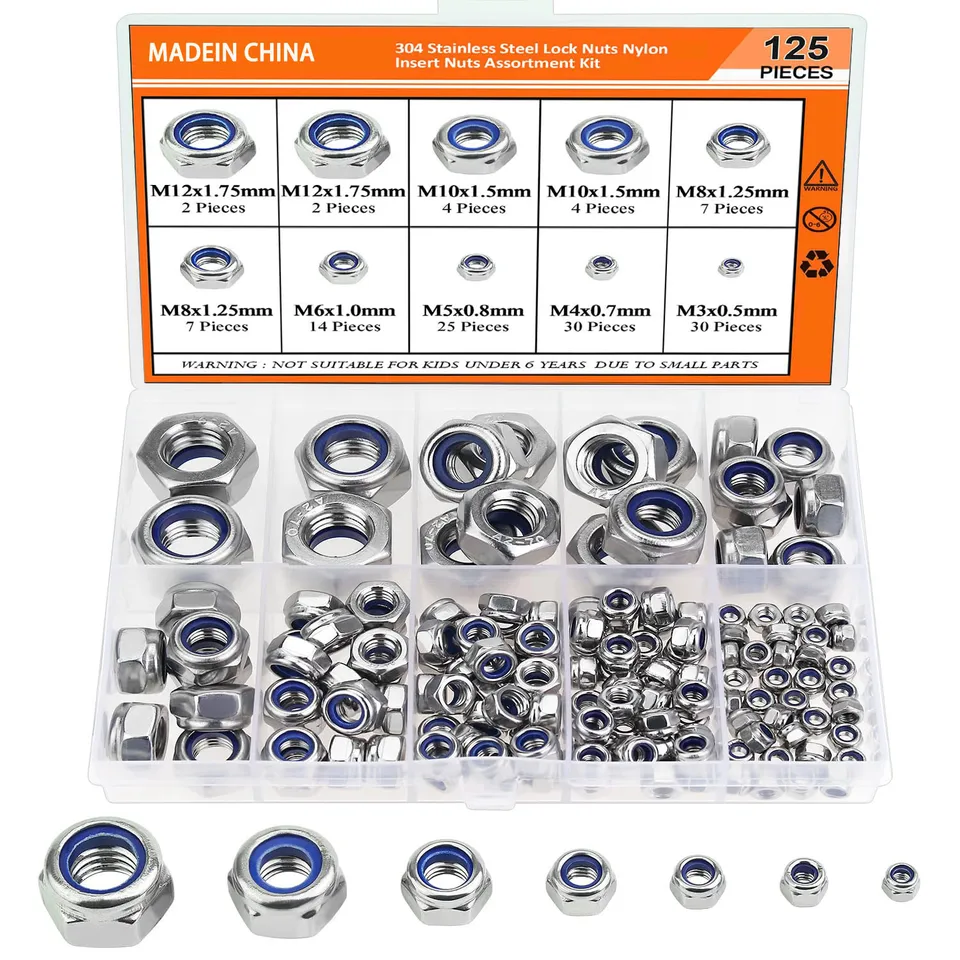 125ks Nylon Hex Lock Nut Set 304 Nerezová oceľ Mastnut M4 M4 M5 M8 M8 M10 M12 Hexagonálna self nylonová uzamykacia matica sortiment sortimentu