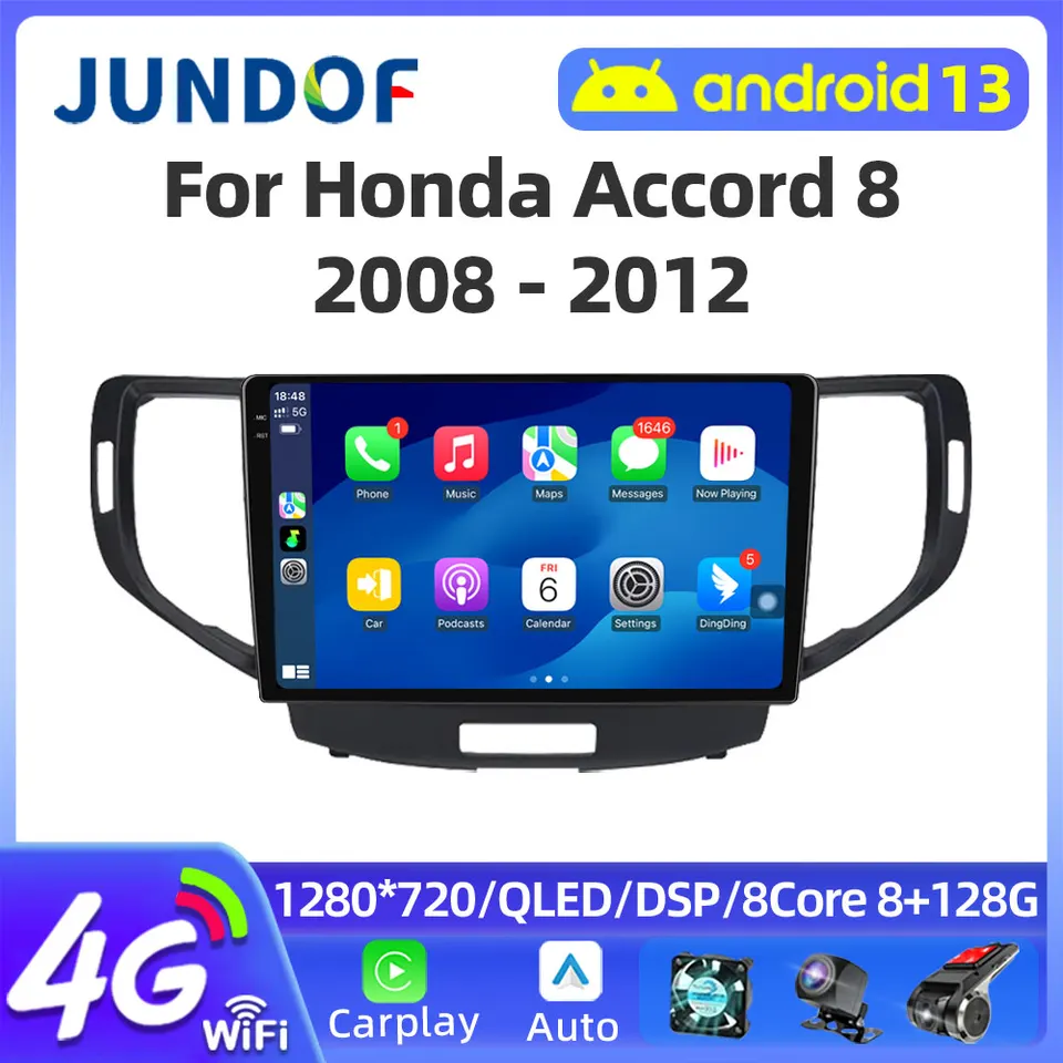 1280*720 QLED Wireless CarPlay Android Auto Radio pre Honda Accord 8 2008 - 2012 WiFi CAR Multimedia GPS Nástroje Ventilátka č. 2DIN DVD