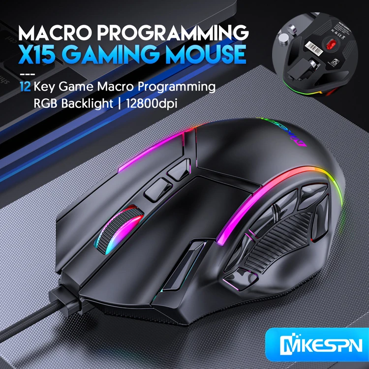 12800DPI Free Hmotnosť Macro RGB Gaming Mouse 12 Programovateľné klávesy Game Mouse RGB Light Max.