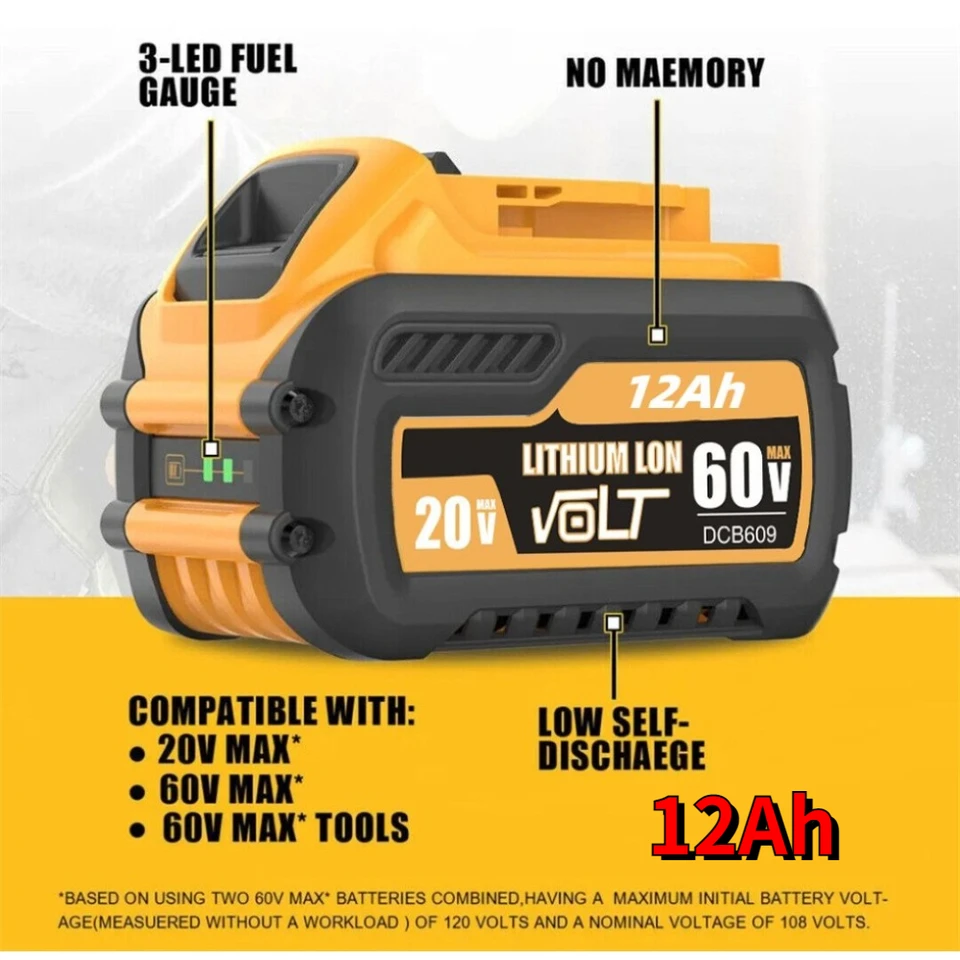 12AH pre DeWalt 20V/60V Max kompatibilný DCB609 DCB547-XJ DCB200 DCB201 DCB609 DCB182, DCB204 Batéria pre FlexVolt 60V Max batériu
