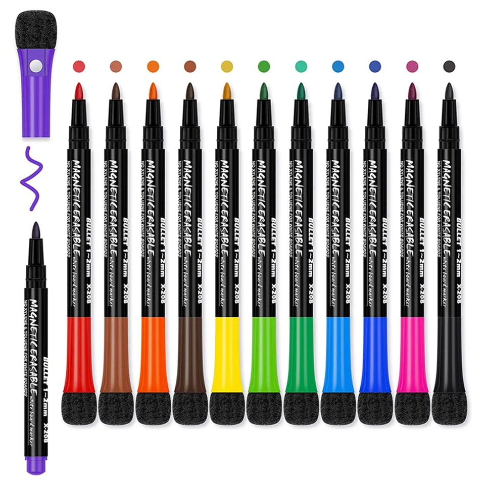 12Colors School Classroom Pero Pen Dry White Board Markers Postavené v Eraser Študentské detské kreslenie Penné potreby